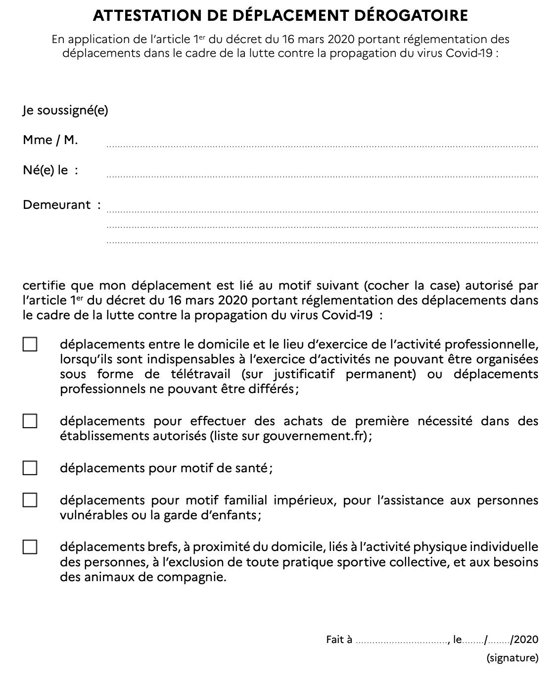 CORONAVIRUS Voici l'attestation pour pouvoir se déplacer